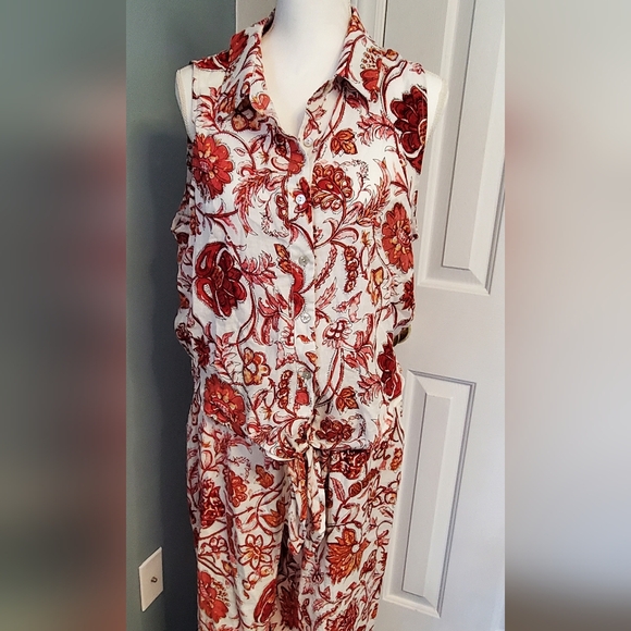 Nicole Miller Red and White Floral Linen/Rayon Pantsuit. XL. - Picture 3 of 16